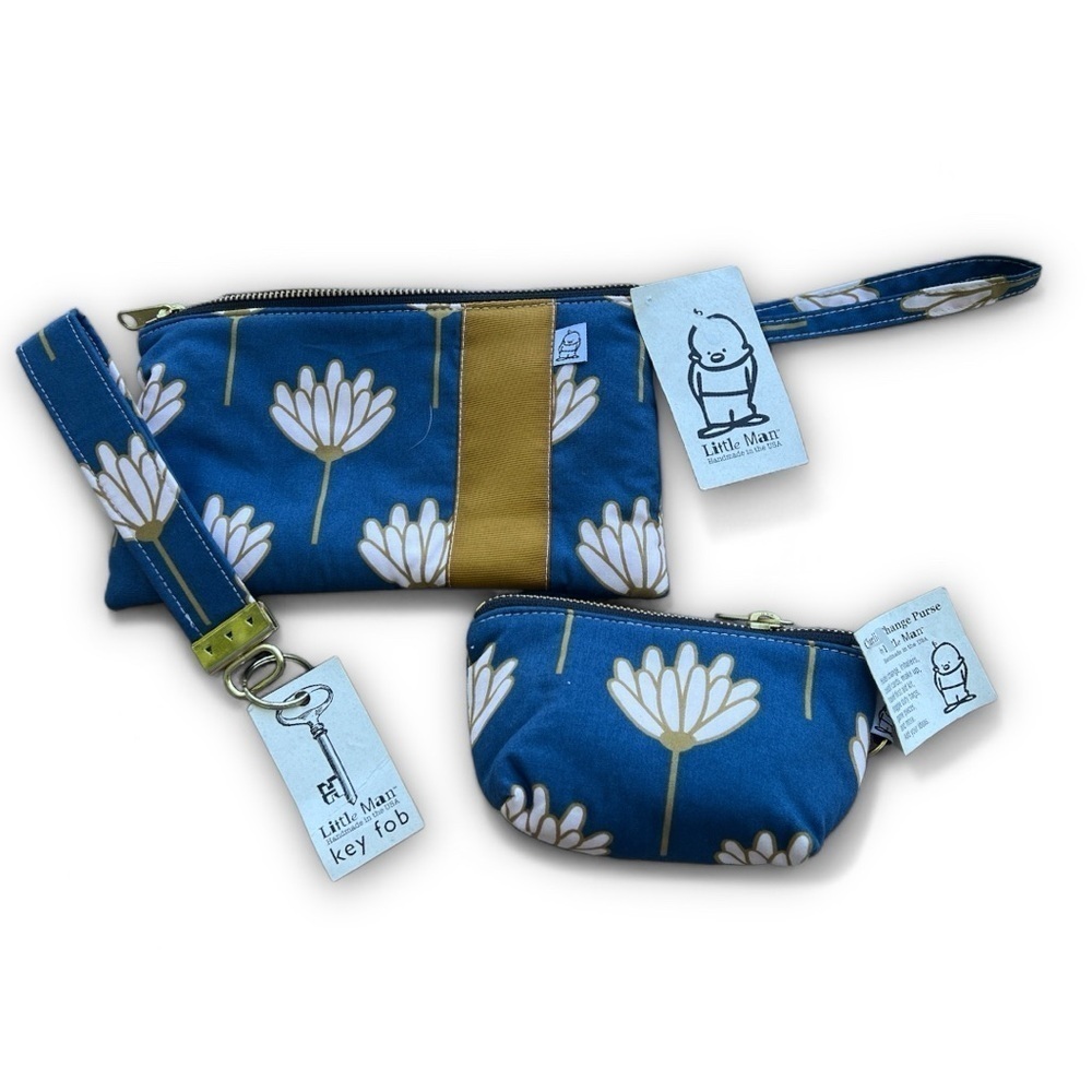 Little Man Blue White Floral Clutch Pouch Coin Purse Key Fob Set Fold Accent New